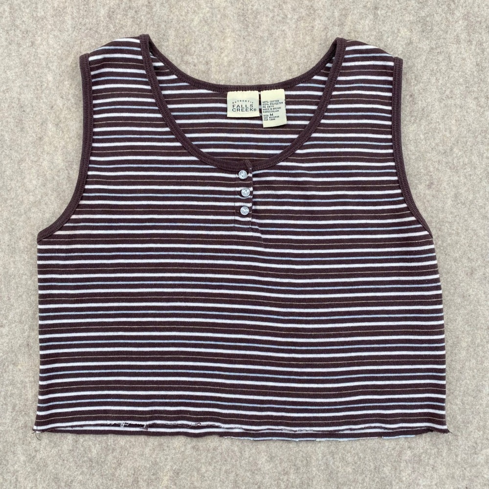 Brown Striped Henley Crop Tank Top Sleeveless Medium